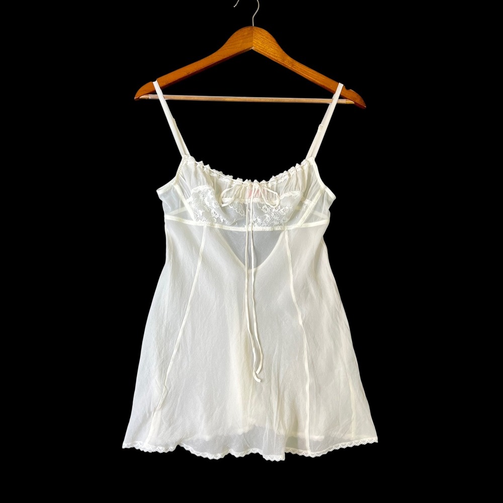 Victoria Secret 100% Silk Lace Babydoll Lingerie Small Sheer Slip Open White